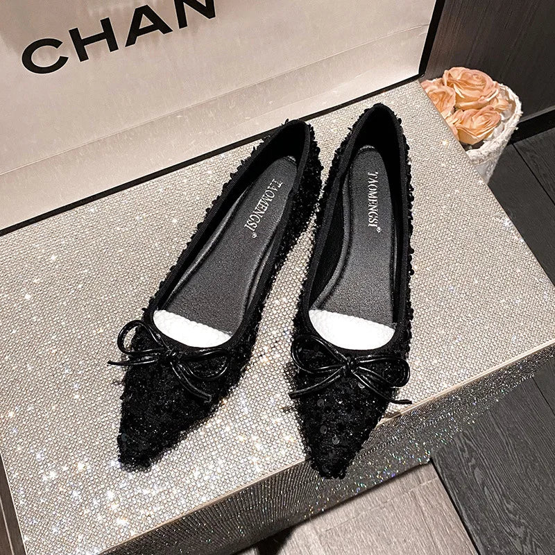 Elegant Sparkling Glitter Exquisite Women's Flats and Loafers Bow Comfort Woman's Shoes