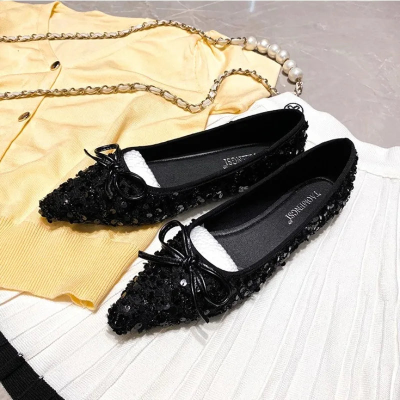 Elegant Sparkling Glitter Exquisite Women's Flats and Loafers Bow Comfort Woman's Shoes