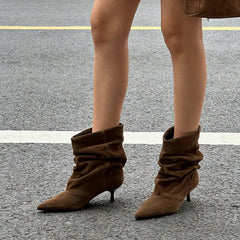 Fall Novel Pleated Design Brand Ankle Boot Women Retro Pointed Toe Sewing Kitten Heel Designer Boot High-Quality Faux Suede Boot