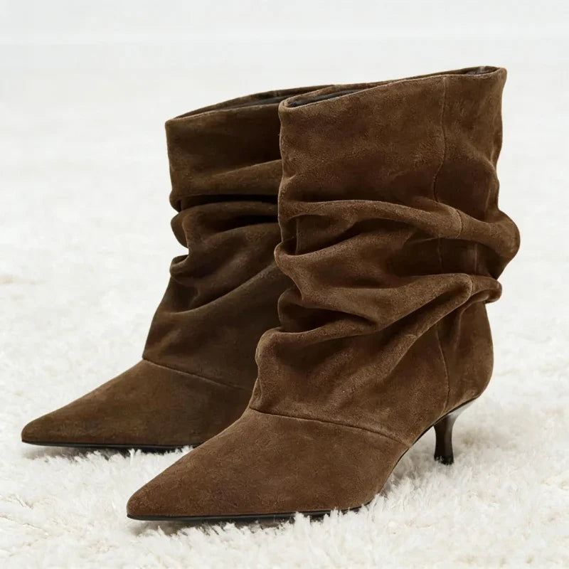 Fall Novel Pleated Design Brand Ankle Boot Women Retro Pointed Toe Sewing Kitten Heel Designer Boot High-Quality Faux Suede Boot