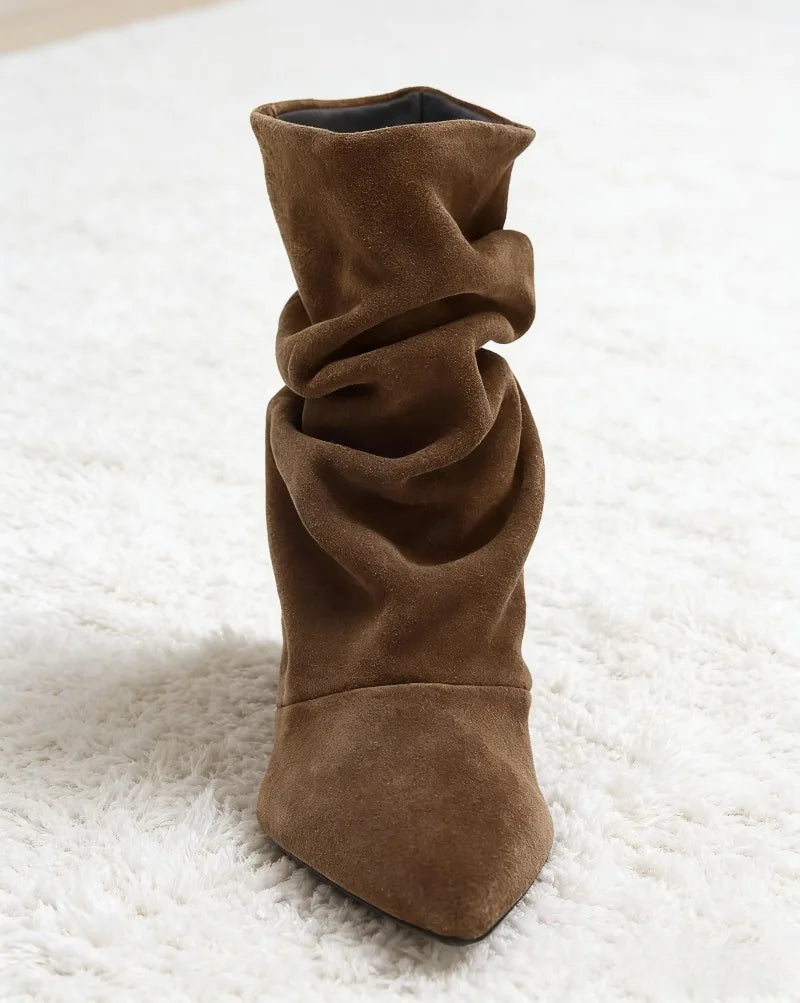 Fall Novel Pleated Design Brand Ankle Boot Women Retro Pointed Toe Sewing Kitten Heel Designer Boot High-Quality Faux Suede Boot