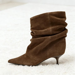 Fall Novel Pleated Design Brand Ankle Boot Women Retro Pointed Toe Sewing Kitten Heel Designer Boot High-Quality Faux Suede Boot