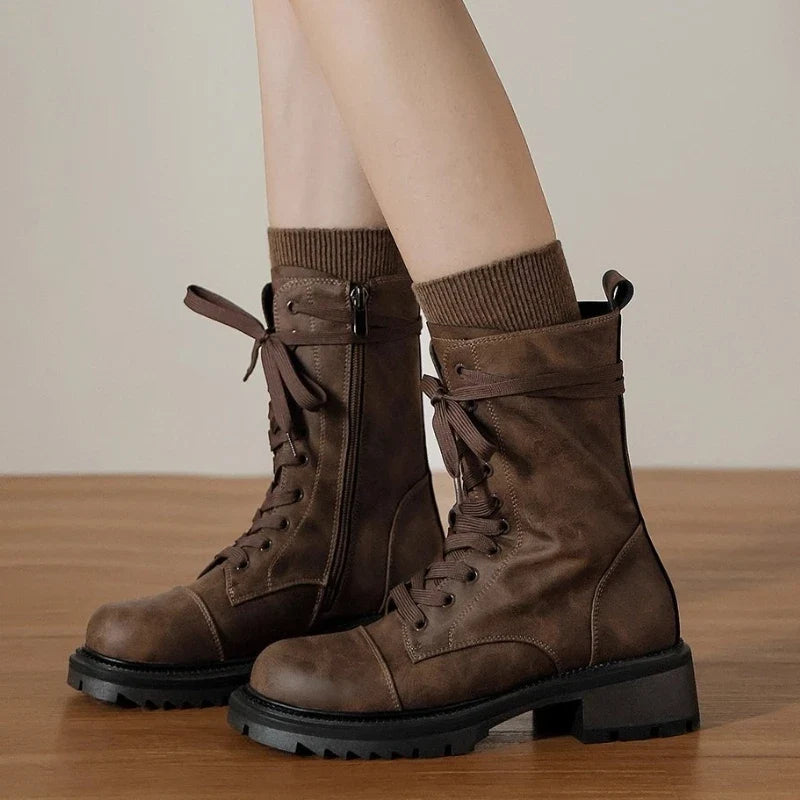Fall Retro Side Zipper Lace Up Ankle Boots