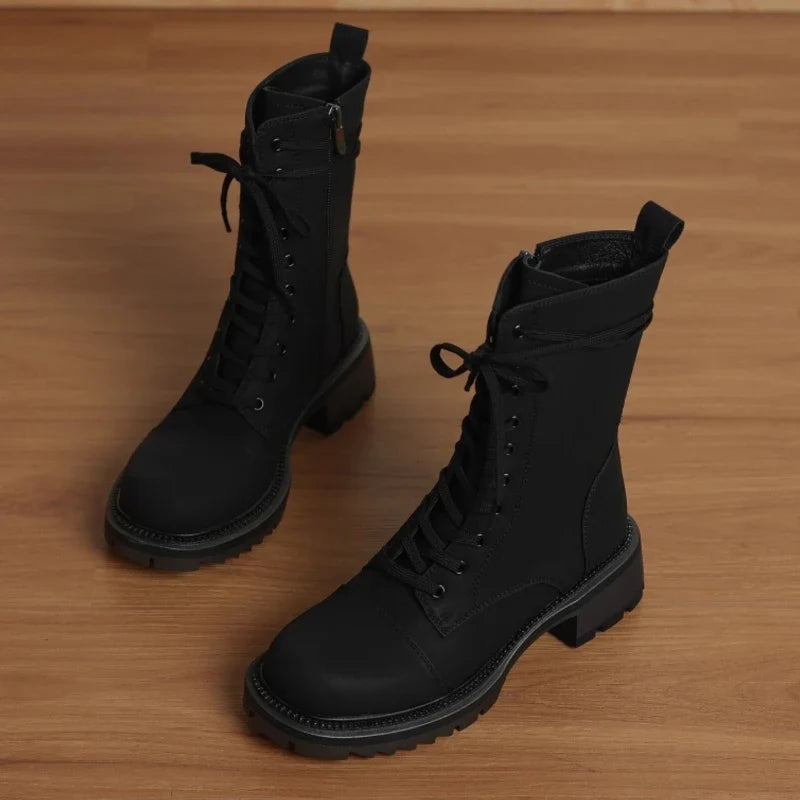 Fall Retro Side Zipper Lace Up Ankle Boots