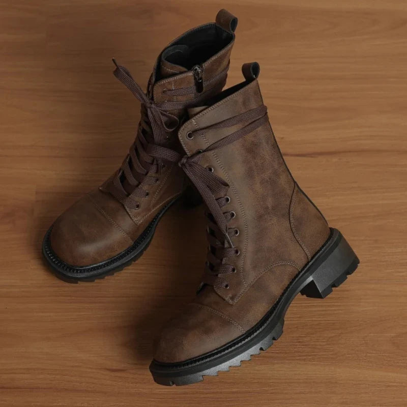 Fall Retro Side Zipper Lace Up Ankle Boots