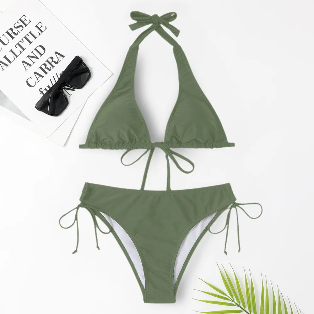 Fashion Woman 2 Piece Outfit Set Bandage Lace-Up Bikini Suit Solid Color Swimwear With Panties