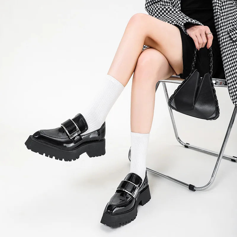Black Patent Leather Square Toe Platform Loafers Women Retro Metal Buckle Casual Shoes