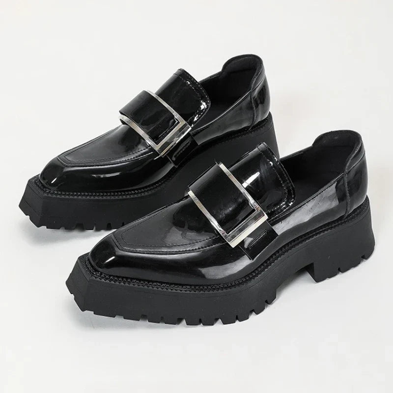 Black Patent Leather Square Toe Platform Loafers Women Retro Metal Buckle Casual Shoes