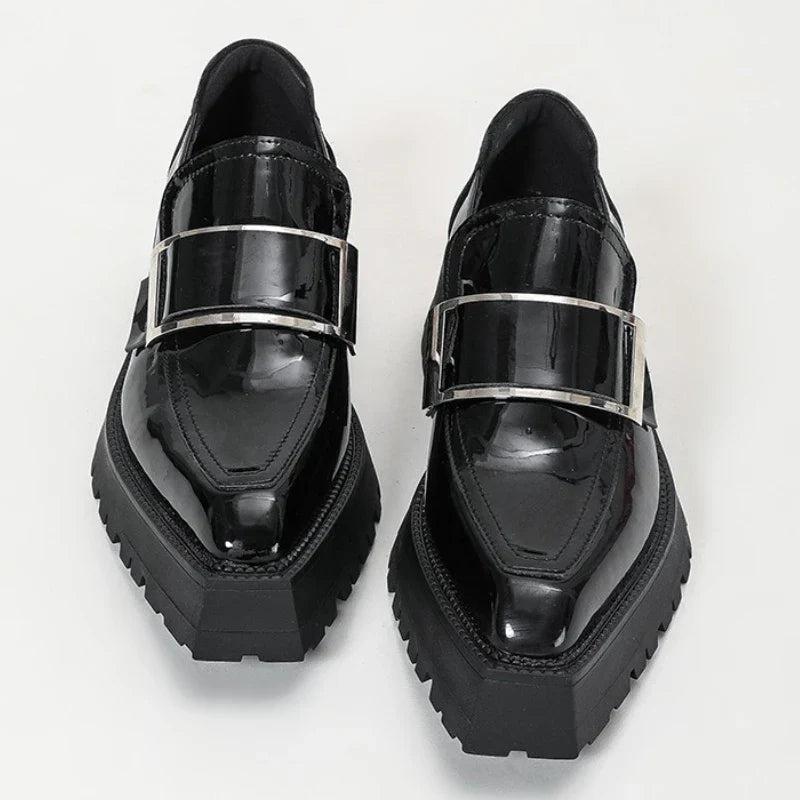 Black Patent Leather Square Toe Platform Loafers Women Retro Metal Buckle Casual Shoes