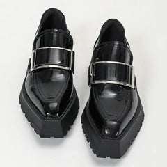 Black Patent Leather Square Toe Platform Loafers Women Retro Metal Buckle Casual Shoes