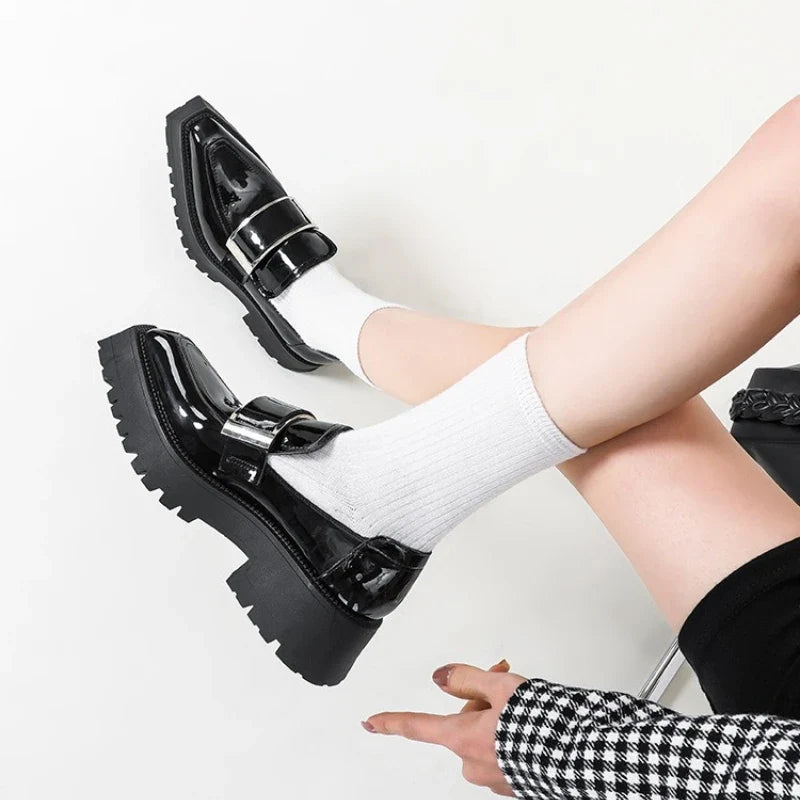 Black Patent Leather Square Toe Platform Loafers Women Retro Metal Buckle Casual Shoes