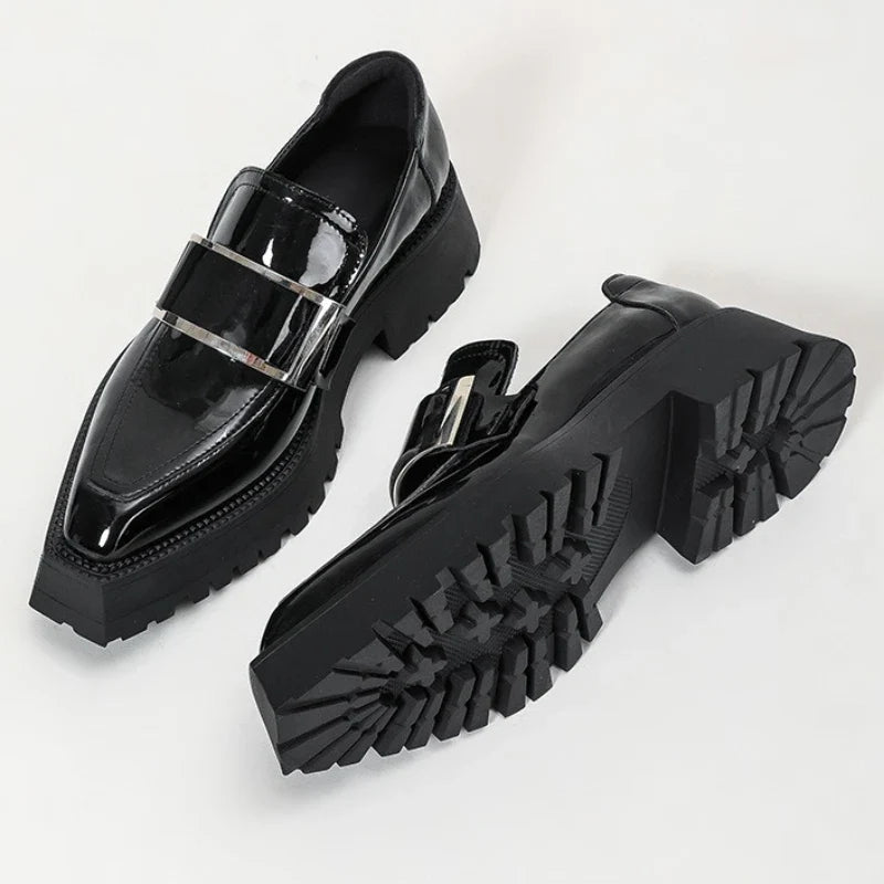Black Patent Leather Square Toe Platform Loafers Women Retro Metal Buckle Casual Shoes