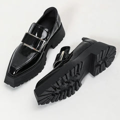 Black Patent Leather Square Toe Platform Loafers Women Retro Metal Buckle Casual Shoes