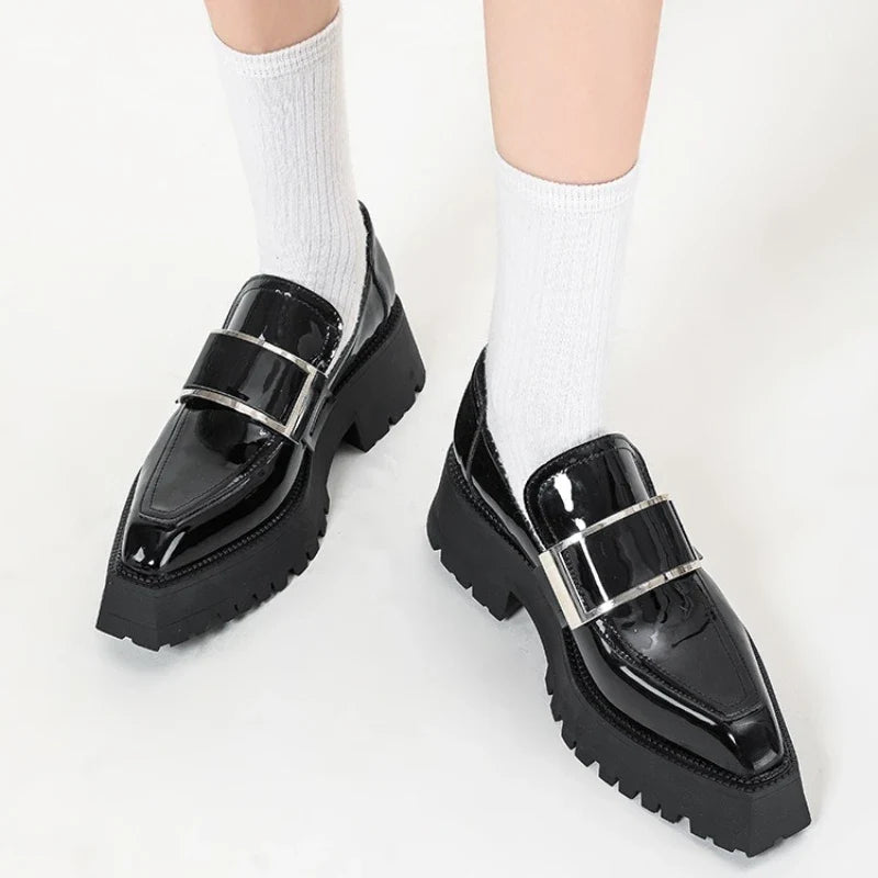 Black Patent Leather Square Toe Platform Loafers Women Retro Metal Buckle Casual Shoes
