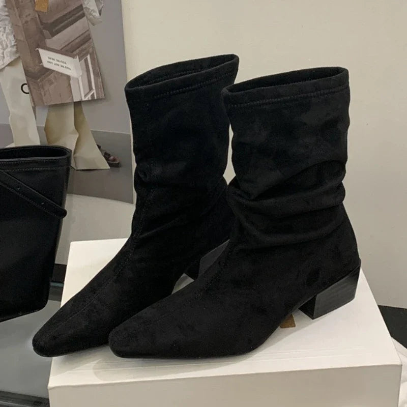 Concise Pointed Toe Chunky Heel Ankle Boots
