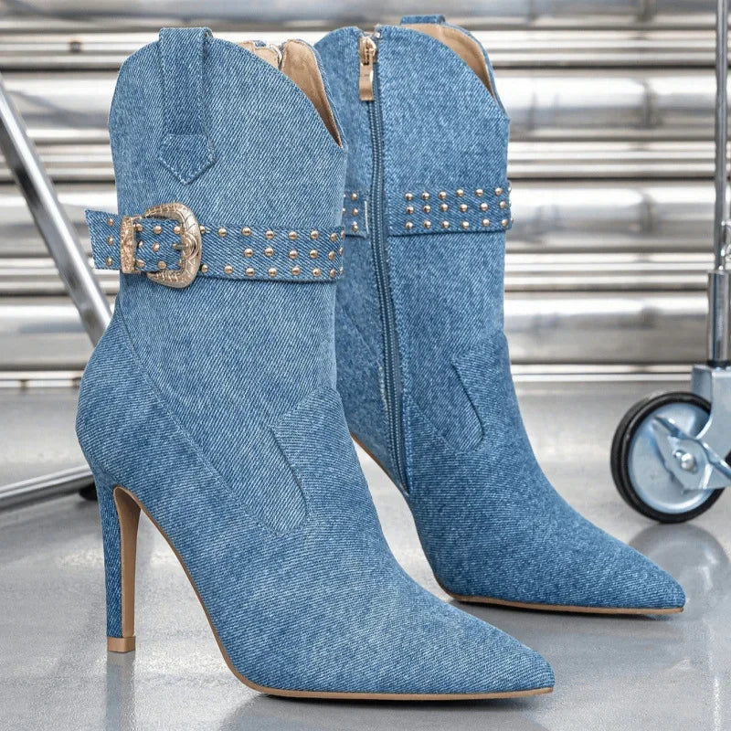 Denim Belt Buckle Pointed Toe Women's Ankle Boots