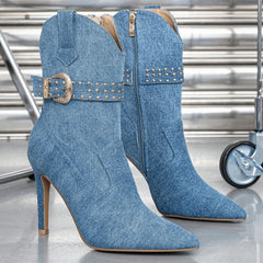 Denim Belt Buckle Pointed Toe Women's Ankle Boots