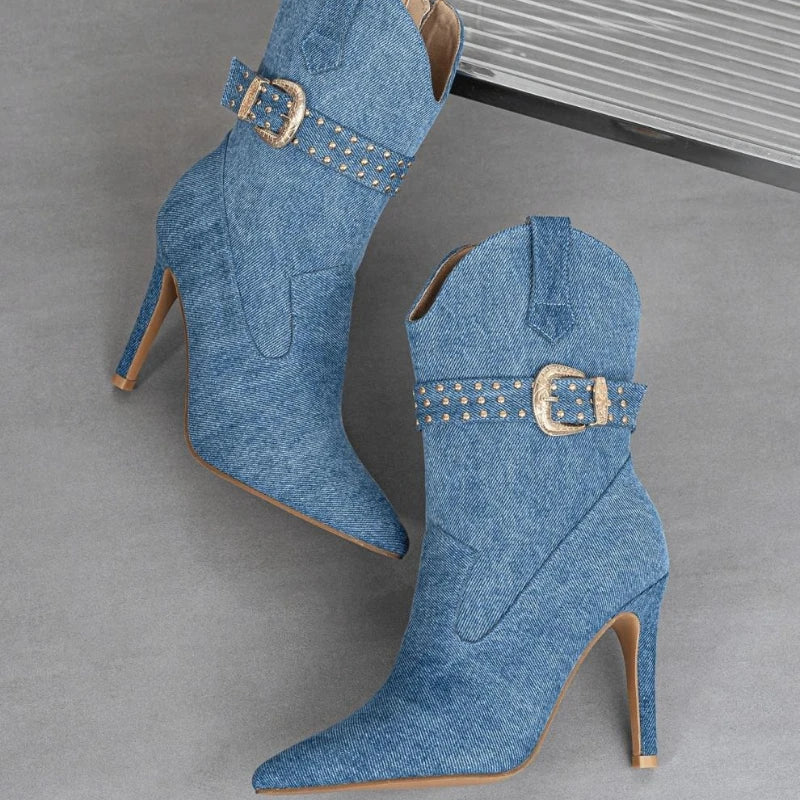 Denim Belt Buckle Pointed Toe Women's Ankle Boots