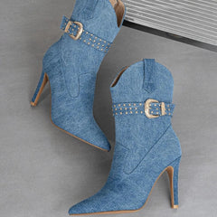 Denim Belt Buckle Pointed Toe Women's Ankle Boots