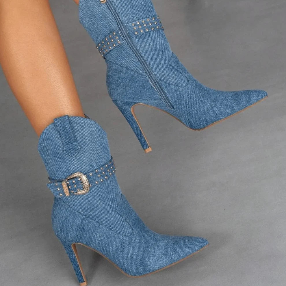 Denim Belt Buckle Pointed Toe Women's Ankle Boots