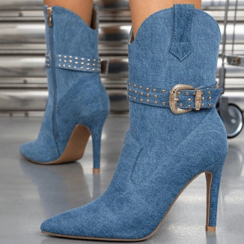 Denim Belt Buckle Pointed Toe Women's Ankle Boots