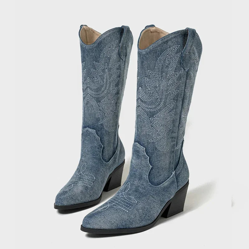 Denim Pointed Toe Knee-High Boots