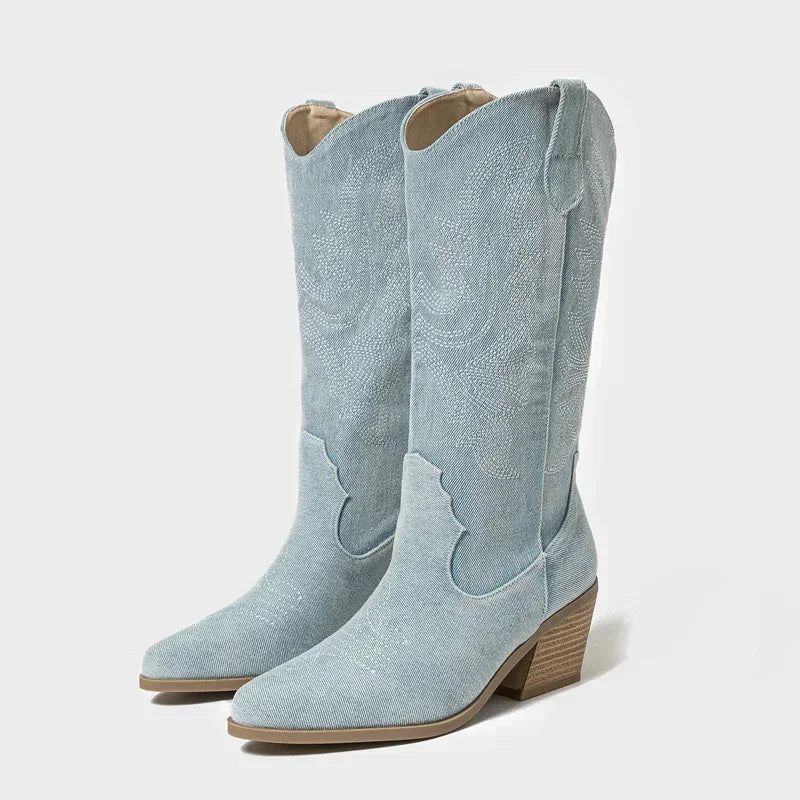 Denim Pointed Toe Knee-High Boots