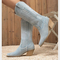Denim Pointed Toe Knee-High Boots