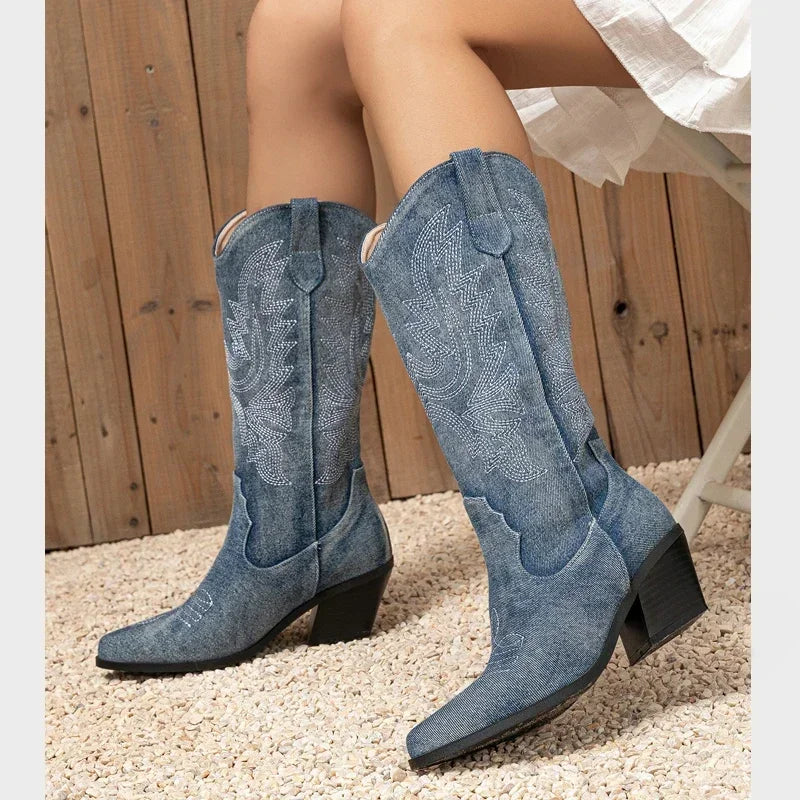 Denim Pointed Toe Knee-High Boots