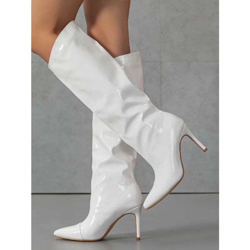 Design Pleated Patent Leather Knee High Boots