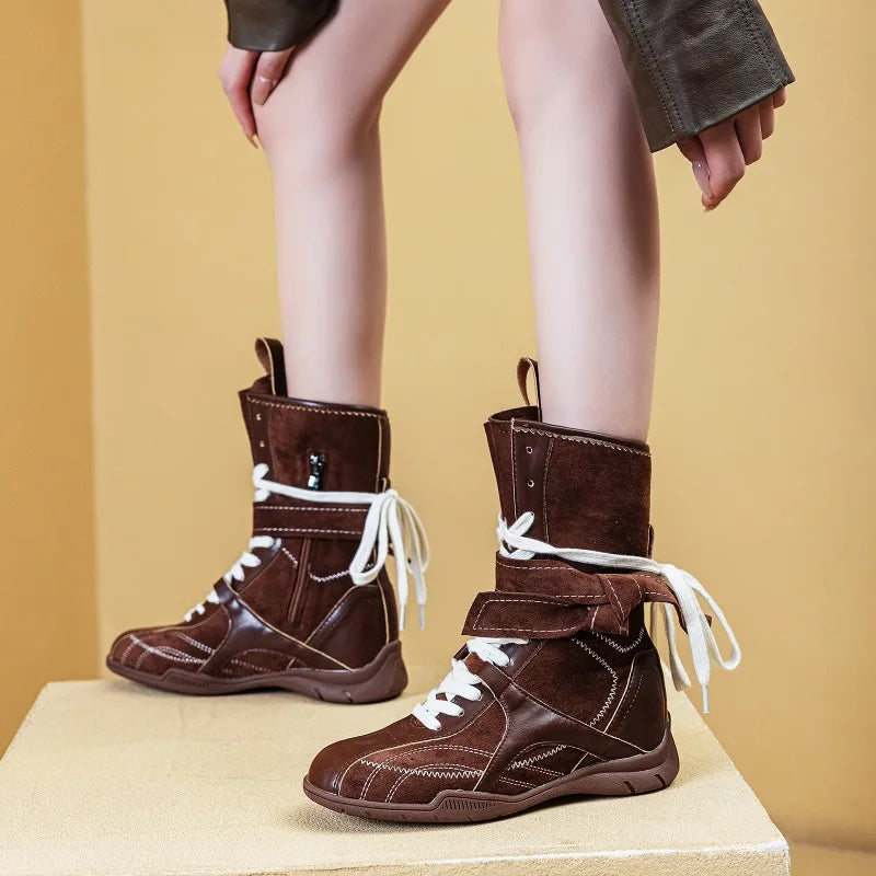 Faux Suede Leather Patchwork Ankle Boots