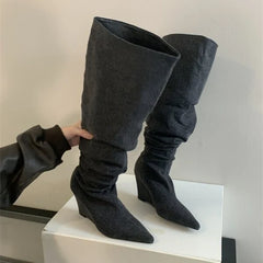 Gray Pointed toe Knee Boots