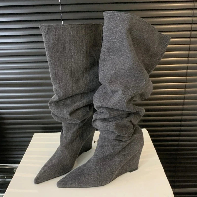 Gray Pointed toe Knee Boots