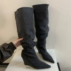 Gray Pointed toe Knee Boots