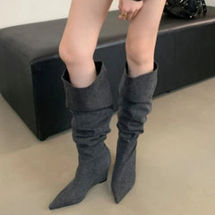 Gray Pointed toe Knee Boots