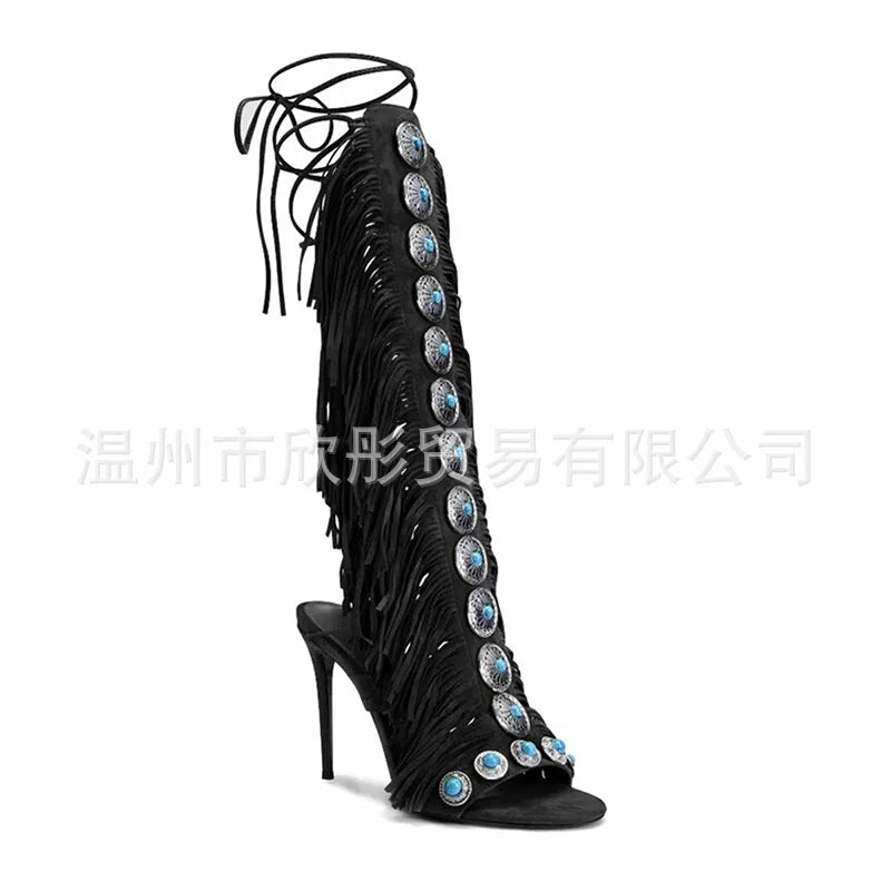 High Heels Women's Sandals Tassel Gemstone Bohemian Fine Cool Boots
