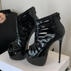 Hollow Back Zipper High Heeled Ankle Boots