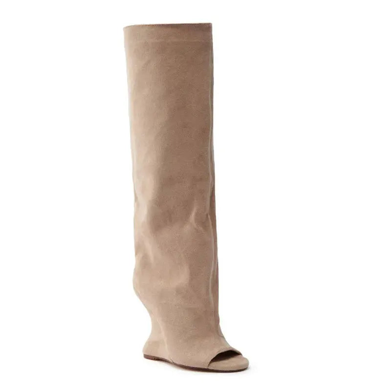 Women Peep Toe Suede Slouch Knee High Boots