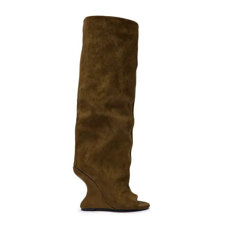 Women Peep Toe Suede Slouch Knee High Boots