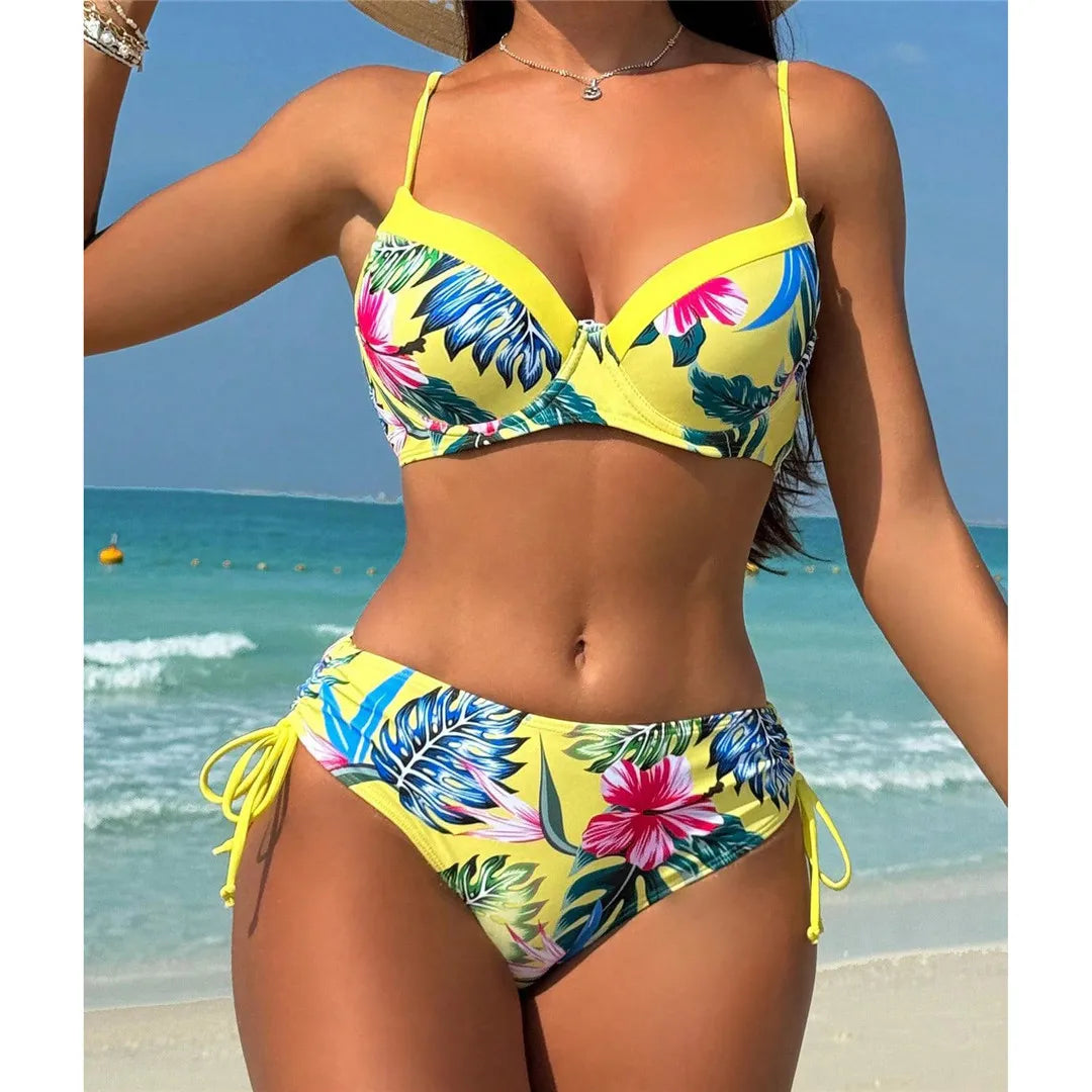 Floral Printed Underwired Mid Waist Bikini Two-pieces Bikini Set