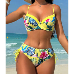 Floral Printed Underwired Mid Waist Bikini Two-pieces Bikini Set