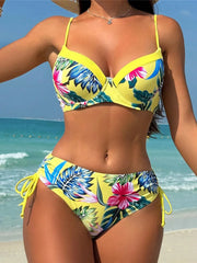 Floral Printed Underwired Mid Waist Bikini Two-pieces Bikini Set