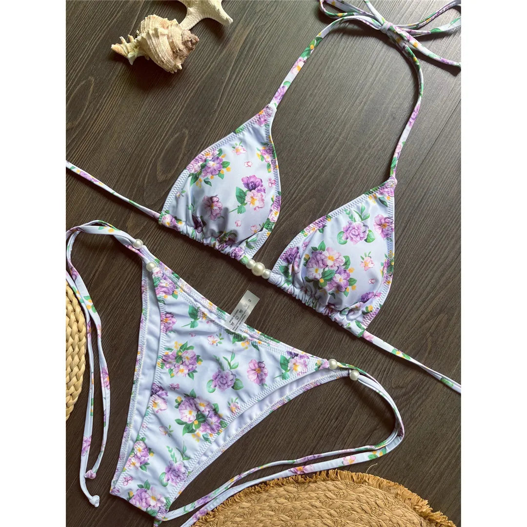 Flower Printed Floral Halter Bikini Strappy Two-pieces Bikini Set