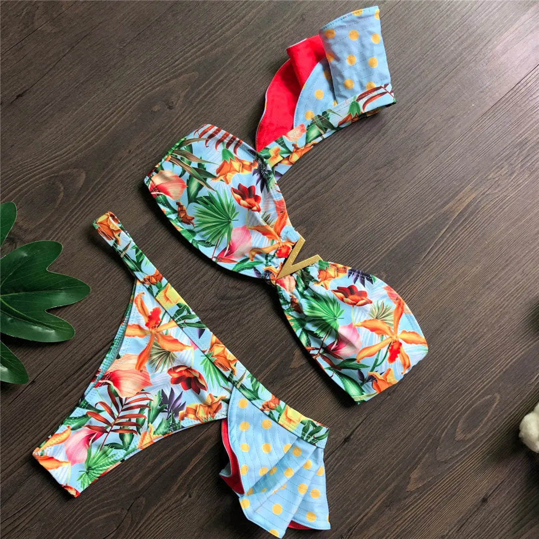 Flower Printed One Shoulder Bikini Frilled Two-pieces Bikini Set