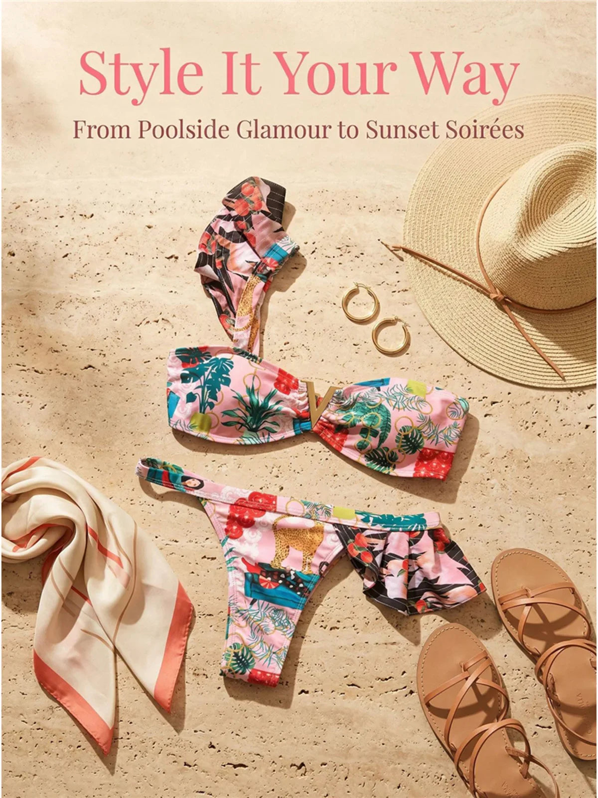 Flower Printed One Shoulder Bikini Frilled Two-pieces Bikini Set