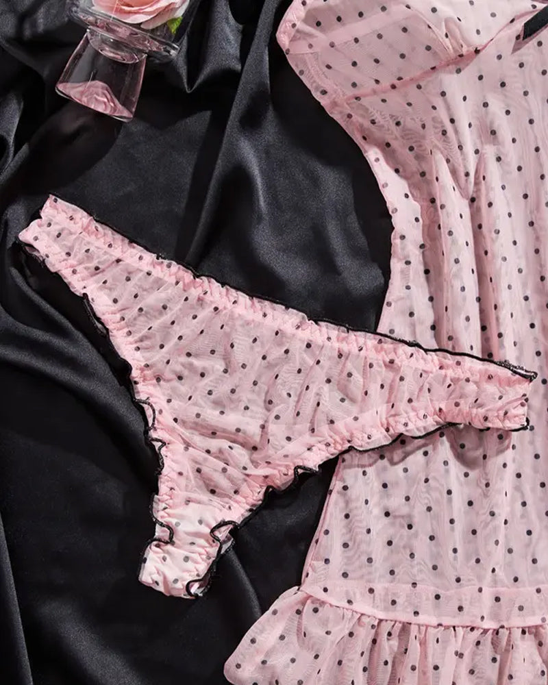 V-neck Polka Dot Print Semi-transparent Suspender Nightdress Set
