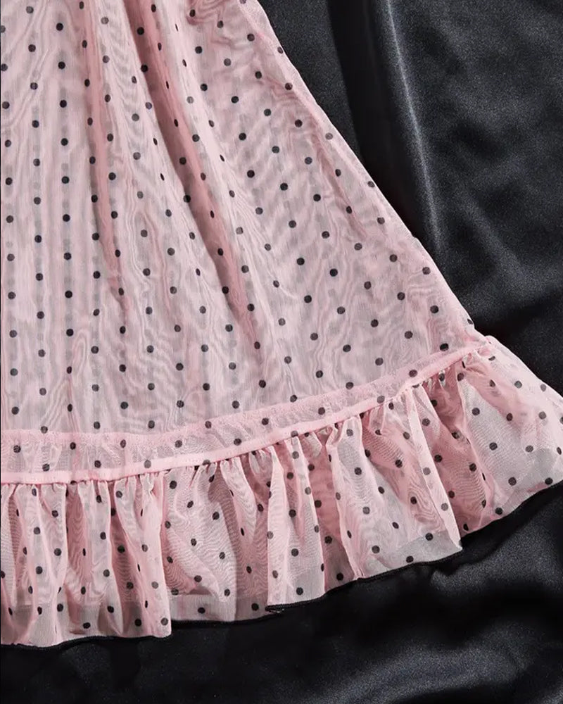 V-neck Polka Dot Print Semi-transparent Suspender Nightdress Set