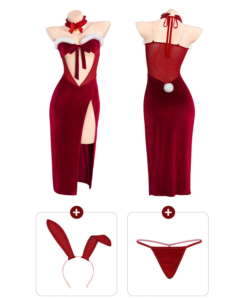 Christmas Bunny Velvet High-slit Long Lingerie Dress