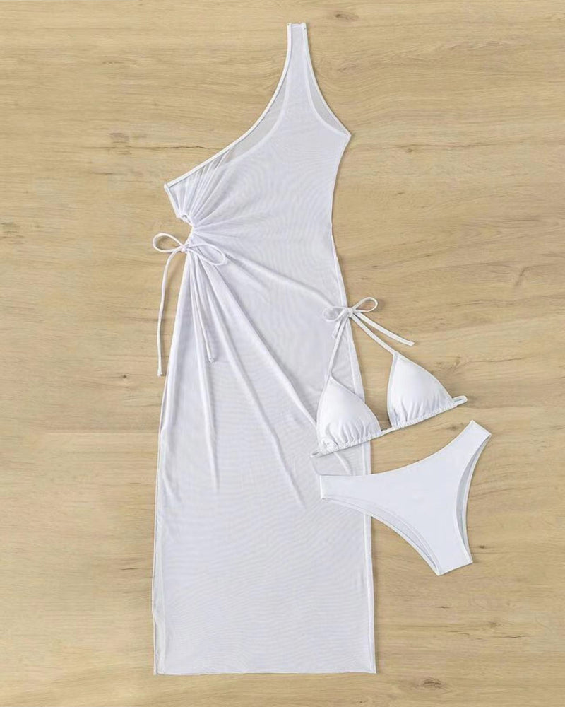 Solid Color Halter Bikini and One-shoulder Long Cover-up Set