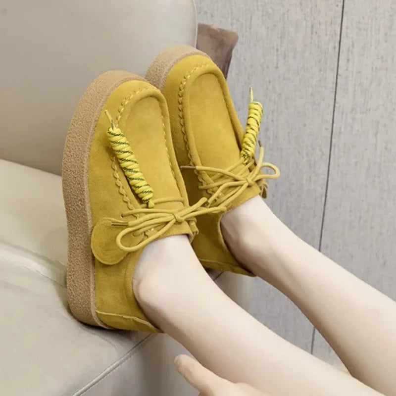 Genuine Leather Lace Up Loafers Women Round Toe Sewing Design Platform Shoes